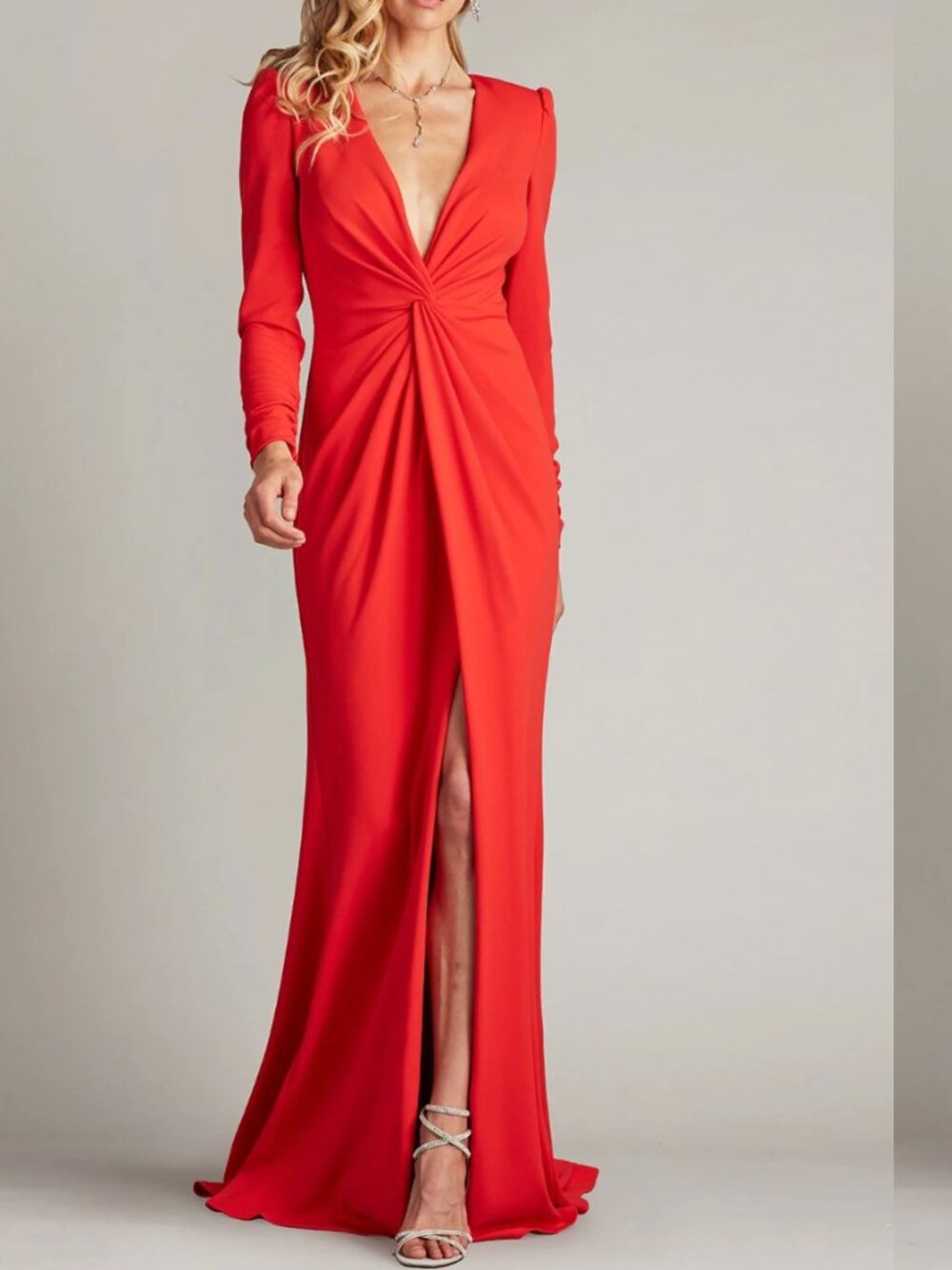 Tadashi Shoji Red Rose Center Twist Long Sleeve Mermaid Gown Size Small NWOT